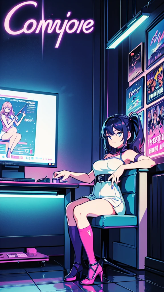 (masterpiece), Highest quality, Expressive eyes, Neon pastel aesthetics, Retro 90s, Neon color,((Girl sitting on sofa,In a cozy room,Records hanging on her wall, Comic books on the floor, Looking out the window behind her at the night city, Upholstered room, Anime figures lined up on a shelf)), Wearing headphones, (All around her it sparkles), (Wearing high socks and heels), (blue eyes), (Soft look), (Synthwave Art Style), Colorful Hair, Desk with PC set up