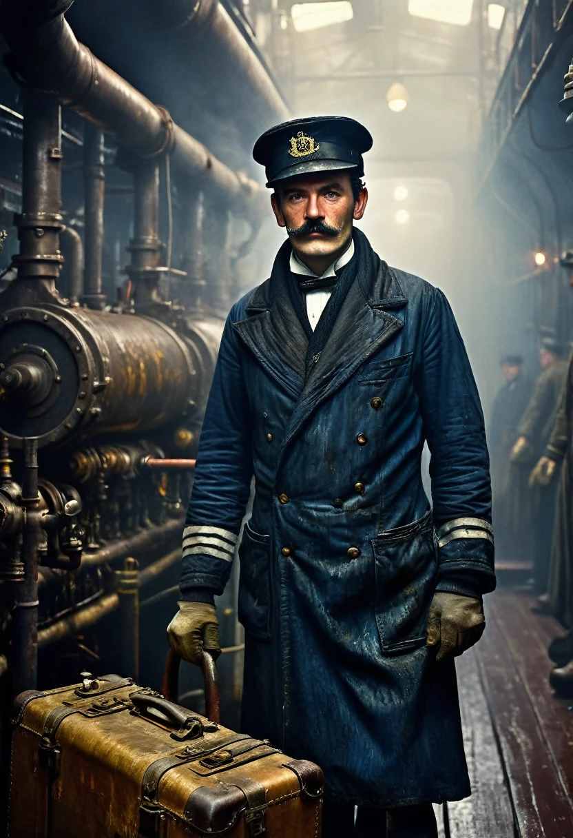 (((Portrait of early 20th century English engine room worker on an ocean liner))), grease, and soot-stained rugged face, photorealistic details, ((complex engine room machinery background)), pistons, and pipes, harsh lighting, ((a blue-collar laborer in overalls)), realismCinematic render of gritty maritime engine room interior, dark tones with dramatic light and shadow, front view of grizzled ship's stoker in filthy oil-stained clothing, face creased with strain and grime from back-breaking labor, photorealism, 1910s industrial setting solemn gloomy atmosphere, intricate period clothing and architectural details, cinematic compositionPhotorealistic render, RMS Titanic moored at Southampton docks before maiden voyage, 1912, upper crust ladies in ornate hats and fur stoles with gentlemen in evening tailcoats and top hats, atmospheric fog and dim lighting from dockside lamps, people carrying luggage, excited yet somber mood, incredible detail