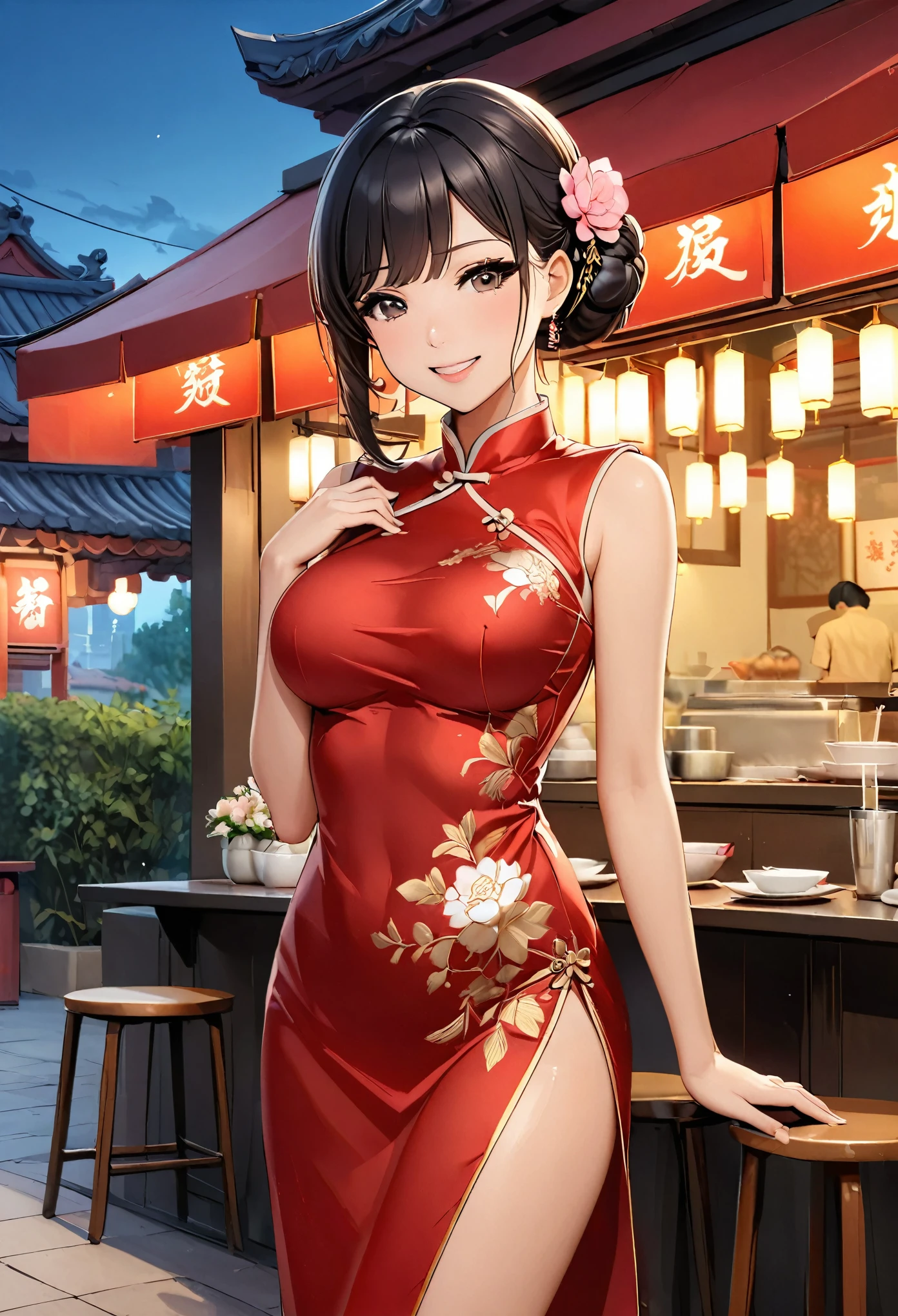 A beautiful woman, city,(standard silk cheongsam), (flower chignon), (gold embroidery thread), (slik), outdoor chinese restaurant, open mouth smile, ((black hair)), little blush, side, (breast), Reflecting the buttocks