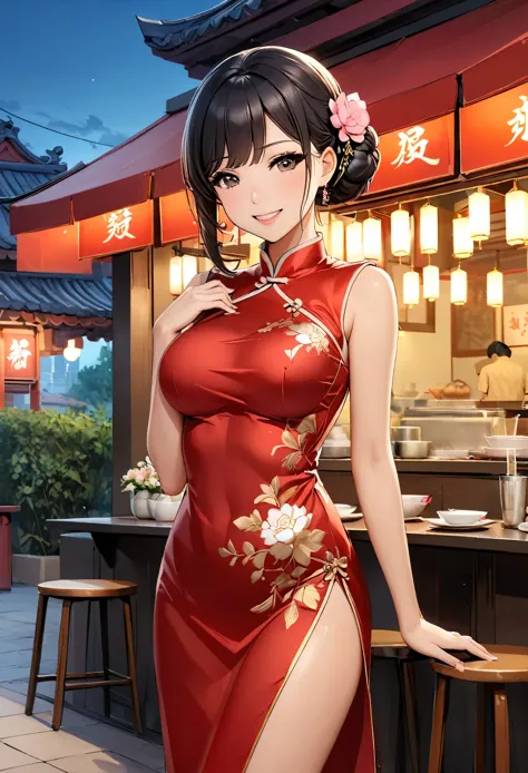 a beautiful woman, city,(standard silk cheongsam), (flower chignon), (gold embroidery thread), (slik), outdoor chinese restauran...