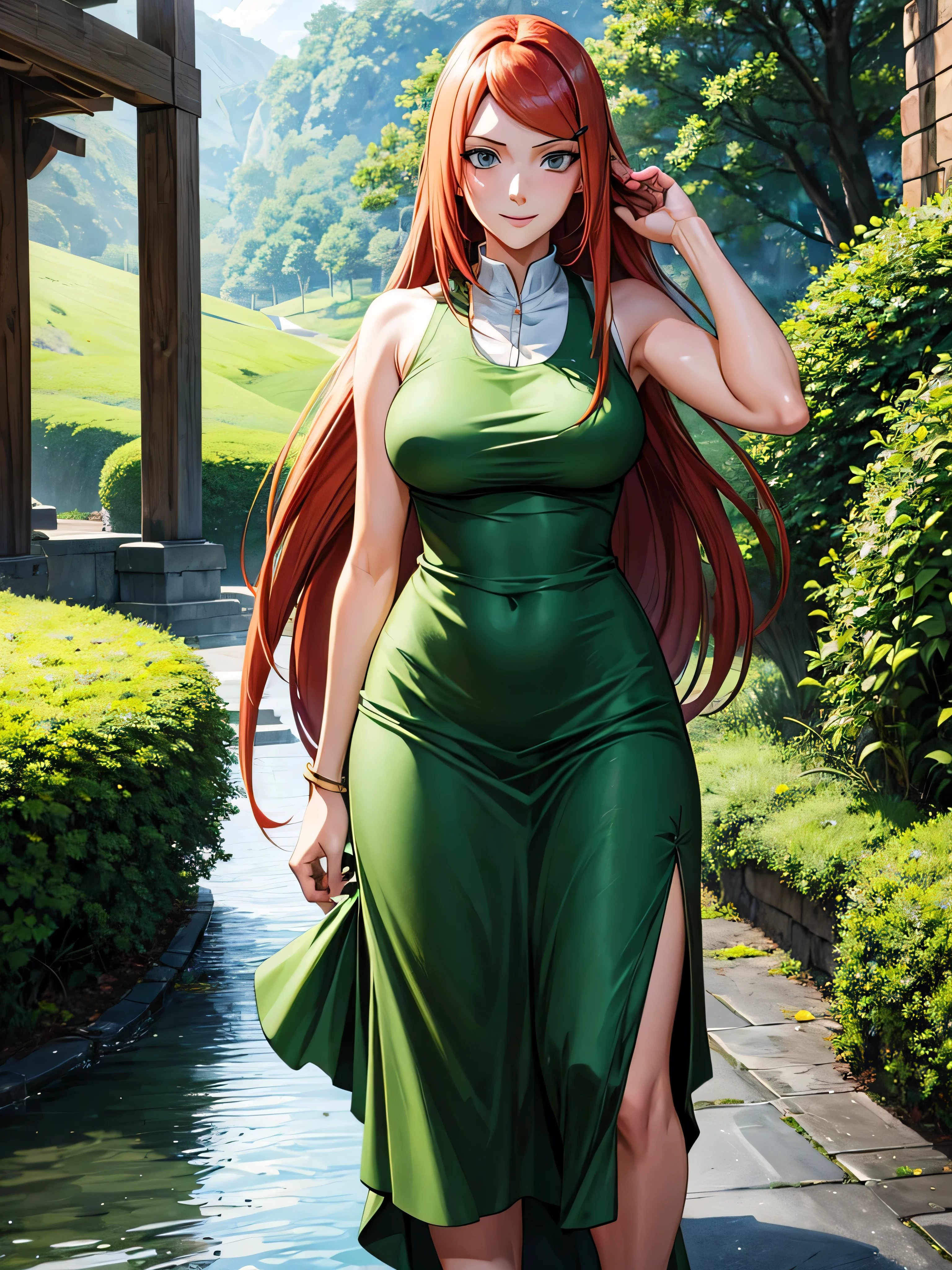 uzumaki_kushina, grande_senos, de pie, solo, kushina_verde_vestido, obra maestra, mejor calidad, cara detallada, ojos detallados, alta resolución, sonrisa, (obra maestra:1.4, mejor calidad:1.2), (alta resolución), (Ilustración detallada), ultra detallado, konohagakure, uzumaki_kushina, kushina_verde_vestido, de pie straight, mirando al frente,