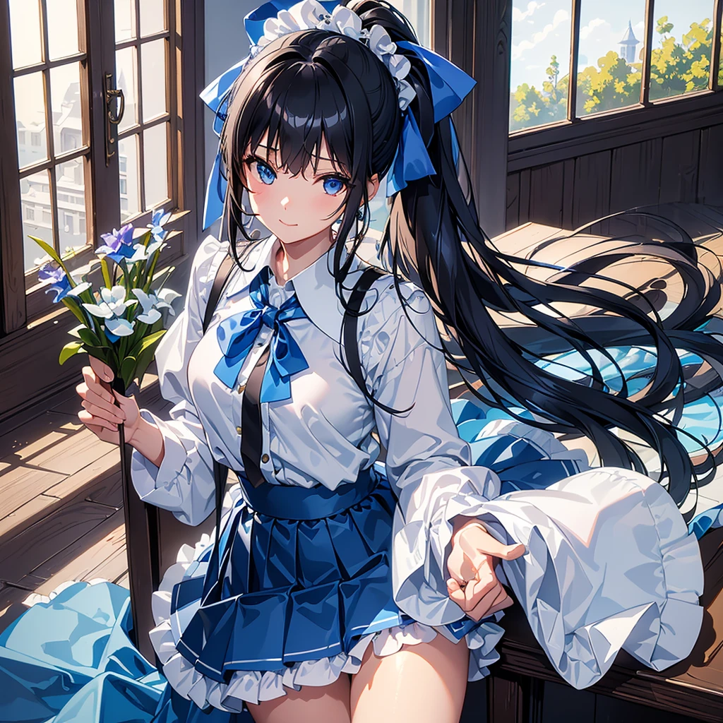 Masterpiece, Highest quality, High resolution, Extremely detailed, Detailed Background,
Female, Chrome-plated hair accessories, Black semi-long hair tied with a blue ribbon in a ponytail,
White blouse with a blue short ribbon tie and a long blue skirt, , neat,
Iris study, A kind smile, Scale out, Chic study, vase in the background.