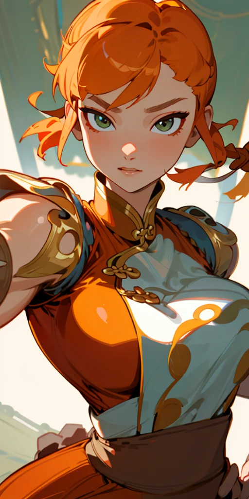 1 girl、one person、skinny body shape、orange clothes、orange hair、beautiful green eyes、intense joy on the face、white uniform with golden decorations、upper body close-up, style of Chun-li clothes