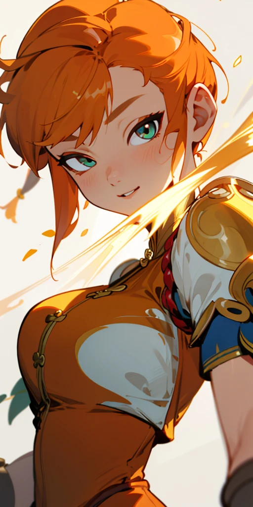 1 girl、one person、skinny body shape、orange clothes、orange hair、beautiful green eyes、intense joy on the face、white uniform with golden decorations、upper body close-up, style of Chun-li clothes