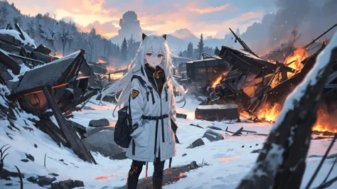 masterpiece:1.2), best quality , 独奏 ,pixiv, anime girl ，long straight white hair , black eyes ,wearing off-white camouflage unif...