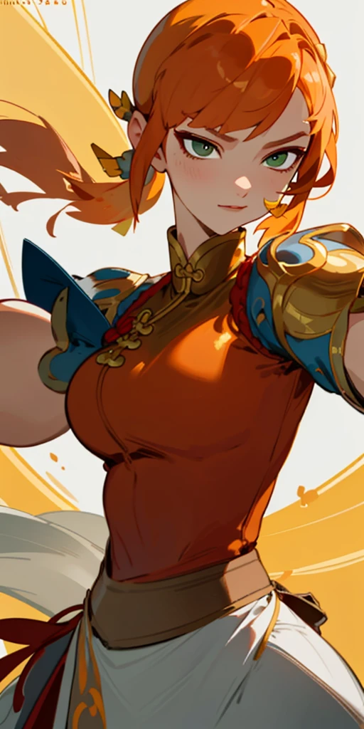 1 girl、one person、skinny body shape、orange clothes、orange hair、beautiful green eyes、intense joy on the face、white uniform with golden decorations、upper body close-up, style of Chun-li clothes