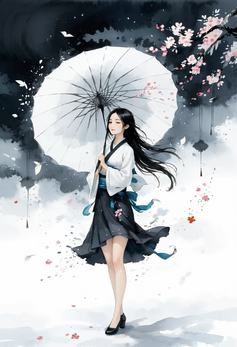 艺术Ink Painting，立体Ink Painting，Minimalism，Minimalism的图形，Minimal Art，Chinese anime girl，whole body，Chinese，，Ink Painting，Umbrella，Falling Flowers，Black long hair，Black and white background，古韵White space，White space，大面积White space，Textured Matte，Low saturation，Minimalism构图，Main Composition