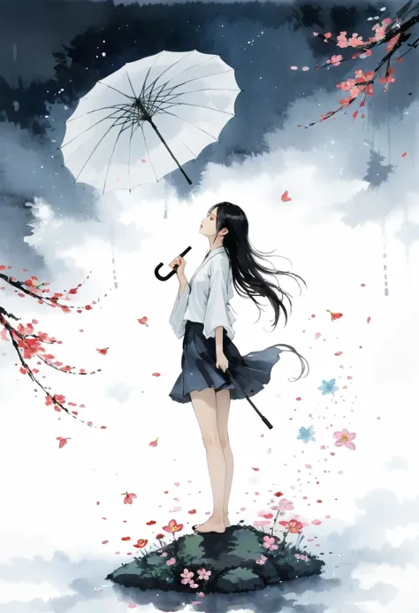 艺术Ink Painting，立体Ink Painting，Minimalism，Minimalism的图形，Minimal Art，Chinese anime girl，whole body，Chinese，，Ink Painting，Umbrella，...