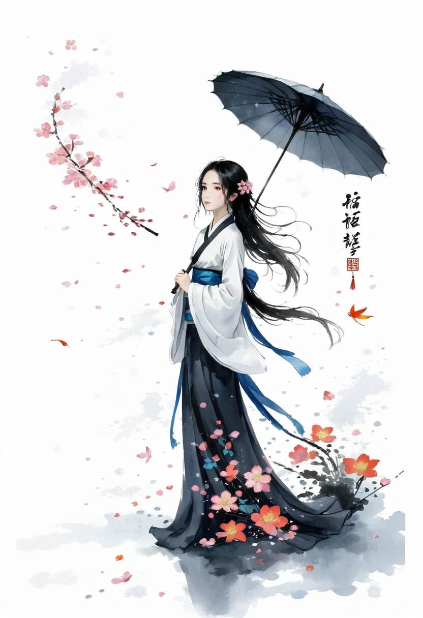 艺术Ink Painting，立体Ink Painting，Minimalism，Minimalism的图形，Minimal Art，Chinese anime girl，whole body，Chinese，，Ink Painting，Umbrella，Falling Flowers，Black long hair，Black and white background，古韵White space，White space，大面积White space，Textured Matte，Low saturation，Minimalism构图，Main Composition