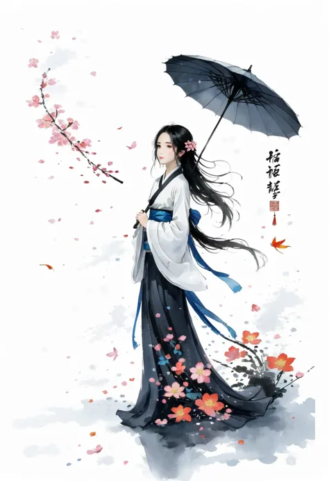 艺术Ink Painting，立体Ink Painting，Minimalism，Minimalism的图形，Minimal Art，Chinese anime girl，whole body，Chinese，，Ink Painting，Umbrella，...