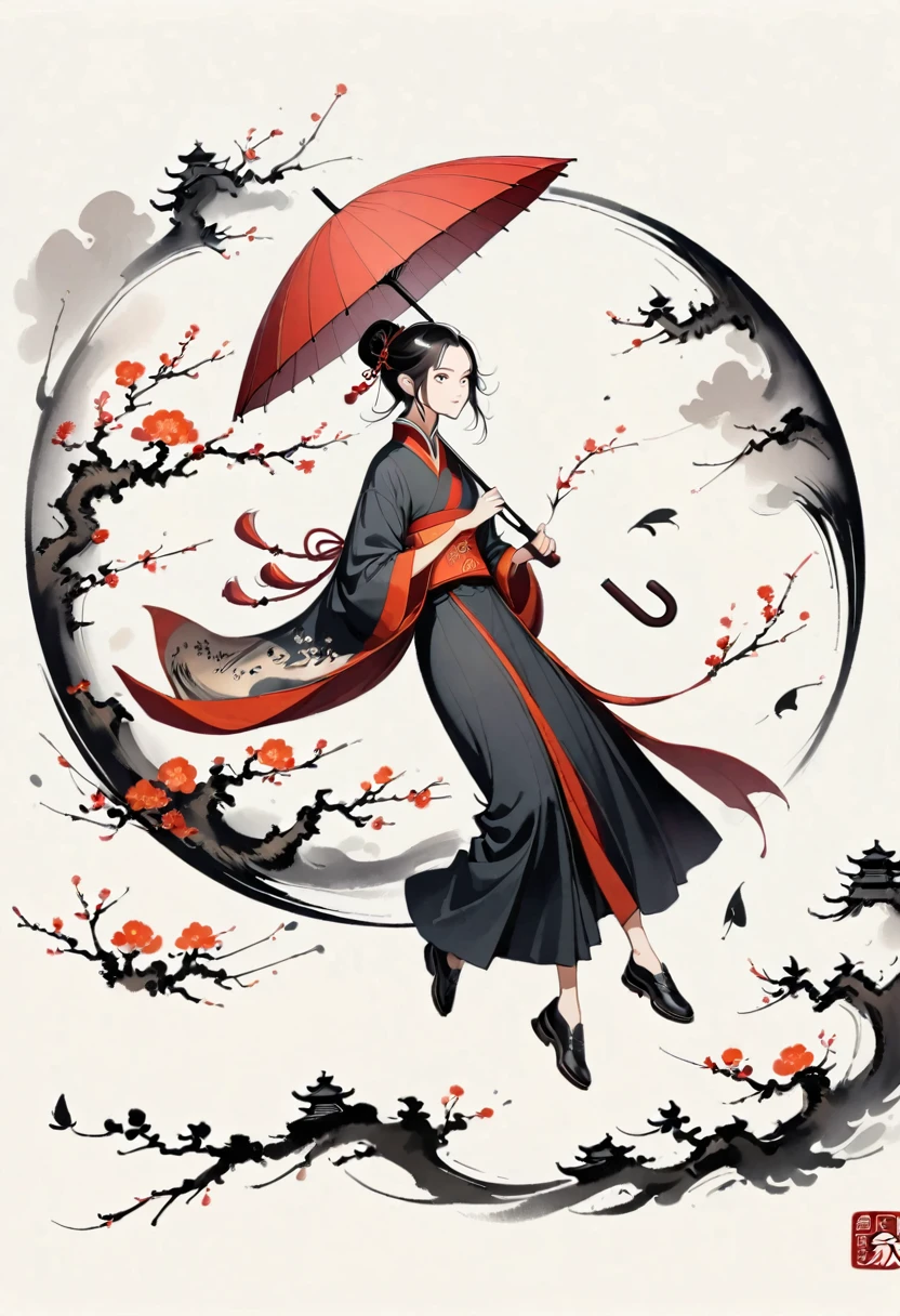 Estilo Bada Shanren,Pintura a tinta chinesa，estilo simples，está em maiúscula，Fotos muito simples，Flores caindo，guarda-chuva，
