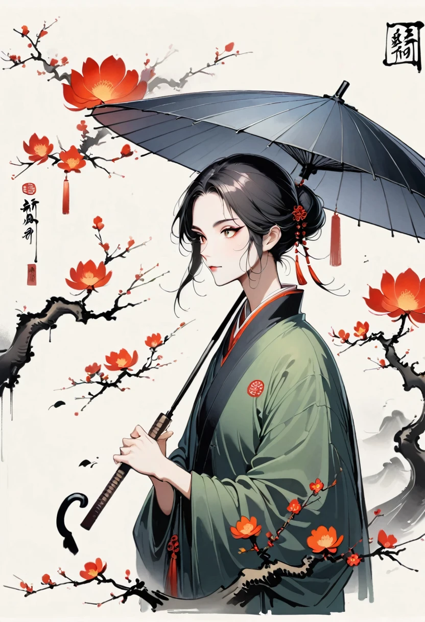 Bada Shanren style,Chinese Ink Painting，Simple style，is capitalized，Very simple pictures，Falling Flowers，Umbrella，