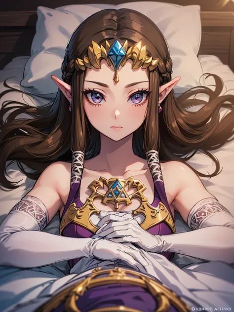 ((arms above head)),((princess zelda)),((the legend of zelda)),((front face)),((upper body)),anime art style,masterpiece,(dark b...