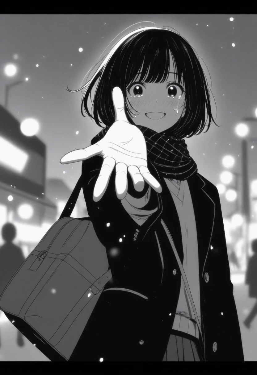 masterpiece, best quality, 1girl, mamerakkkkko, grayscale, manga style, japanese, chi no wadachi, black eyes, street, iced, black hair, schoolbag, smile, lineart, black coat, black scarf, black pleated skirt, leggins, centered, 18 years old, tall, fair skinned, bokeh background, crying, tears, tears streaming, bob cut, light particles, centered, snowing, (((reaching out left hand to viewer, perfect hand, detailed hand:1.1)), emotional anime scene, (very aesthetic, best quality, ultra detailed), intricate details
