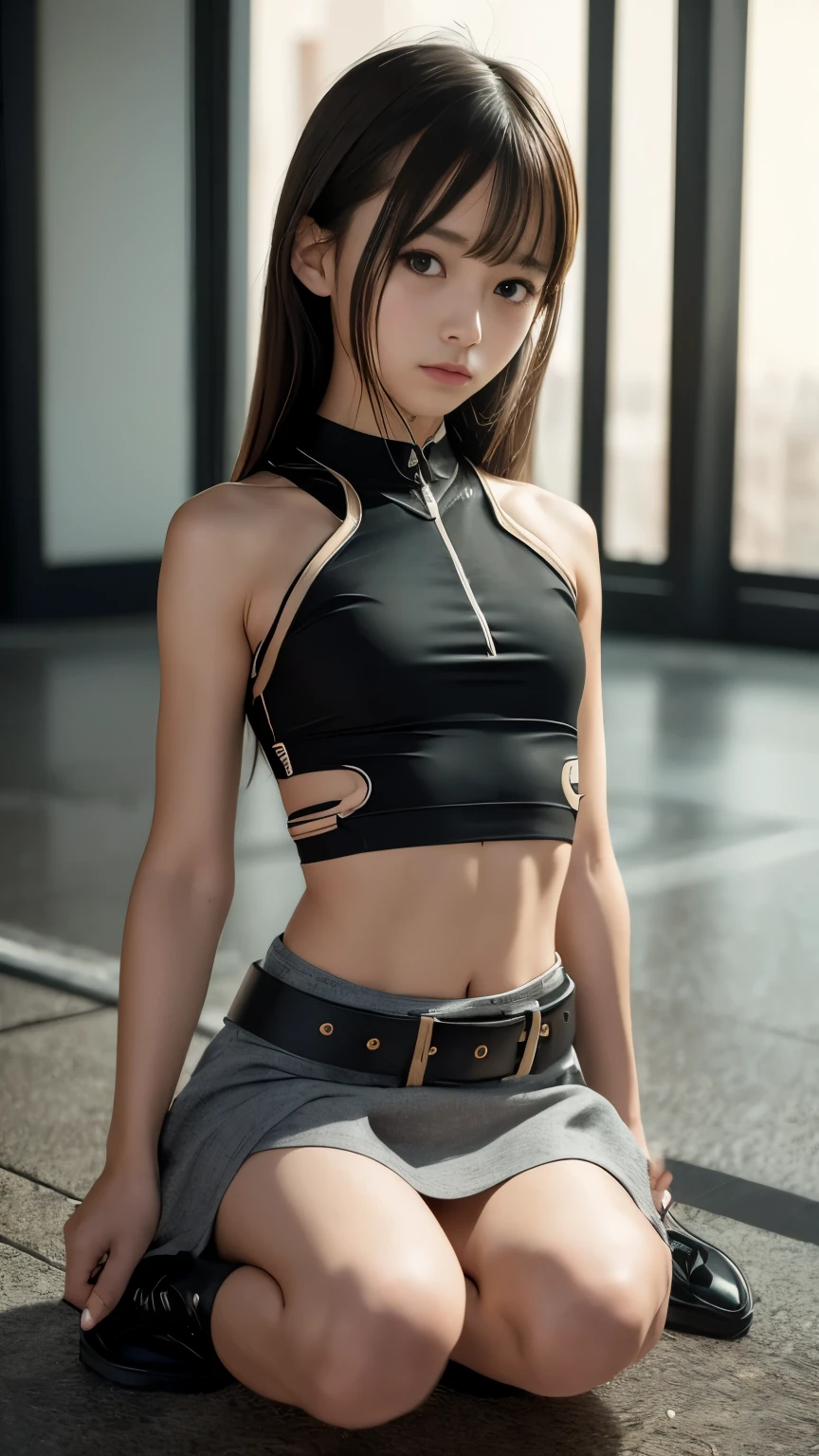 high quality, ​realistic masterpiece, girl kneeling, legs tied, wrists bound, Beautiful tween girls, small skinny girls, cute girl face, cyberpunk, Wearing cute outfit with cutouts and belts, skinny athletic body showing legs, innocent, playful, Famous actresses of Japan, very beautiful face, shibari, skirt