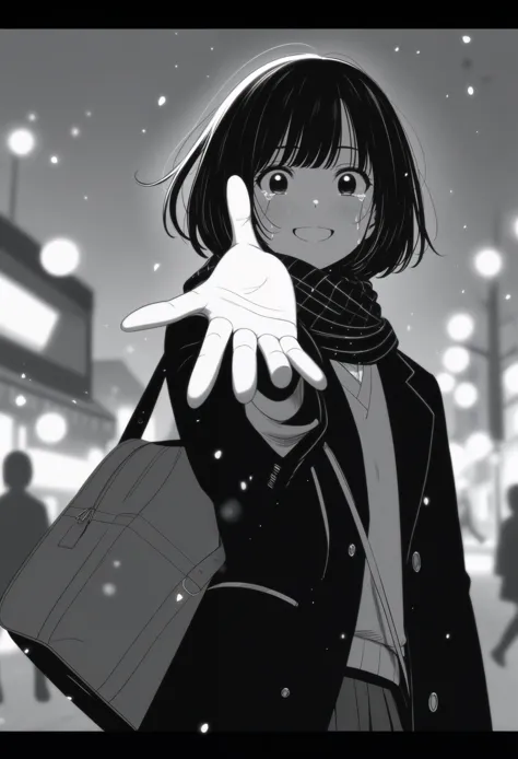 masterpiece, best quality, 1girl, mamerakkkkko, grayscale, manga style, japanese, chi no wadachi, black eyes, street, iced, blac...