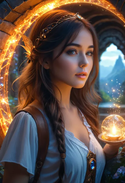 ，Beautiful girl, Fantasy world with magic portal, Everything is magical, The atmosphere is magical, Photo Real, Attention to det...