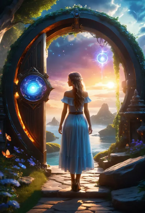 ，Beautiful girl, Fantasy world with magic portal, Everything is magical, The atmosphere is magical, Photo Real, Attention to det...