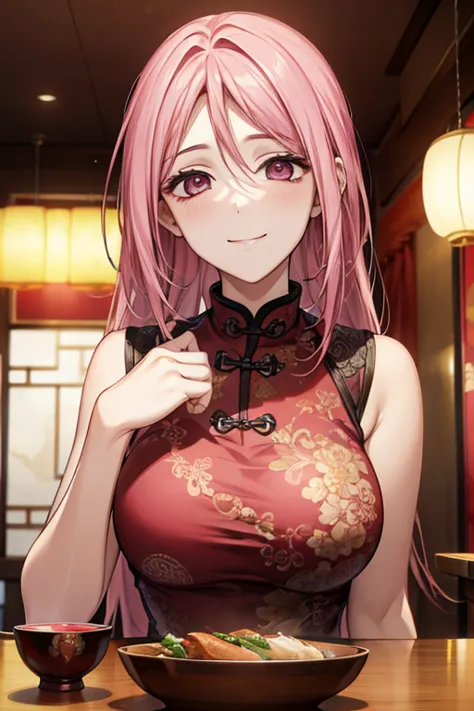 Highest quality,Masterpiece,8K,China dress,Big Breasts,Best Style,Droopy eyes,smile,Pink Hair,Chinese restaurant