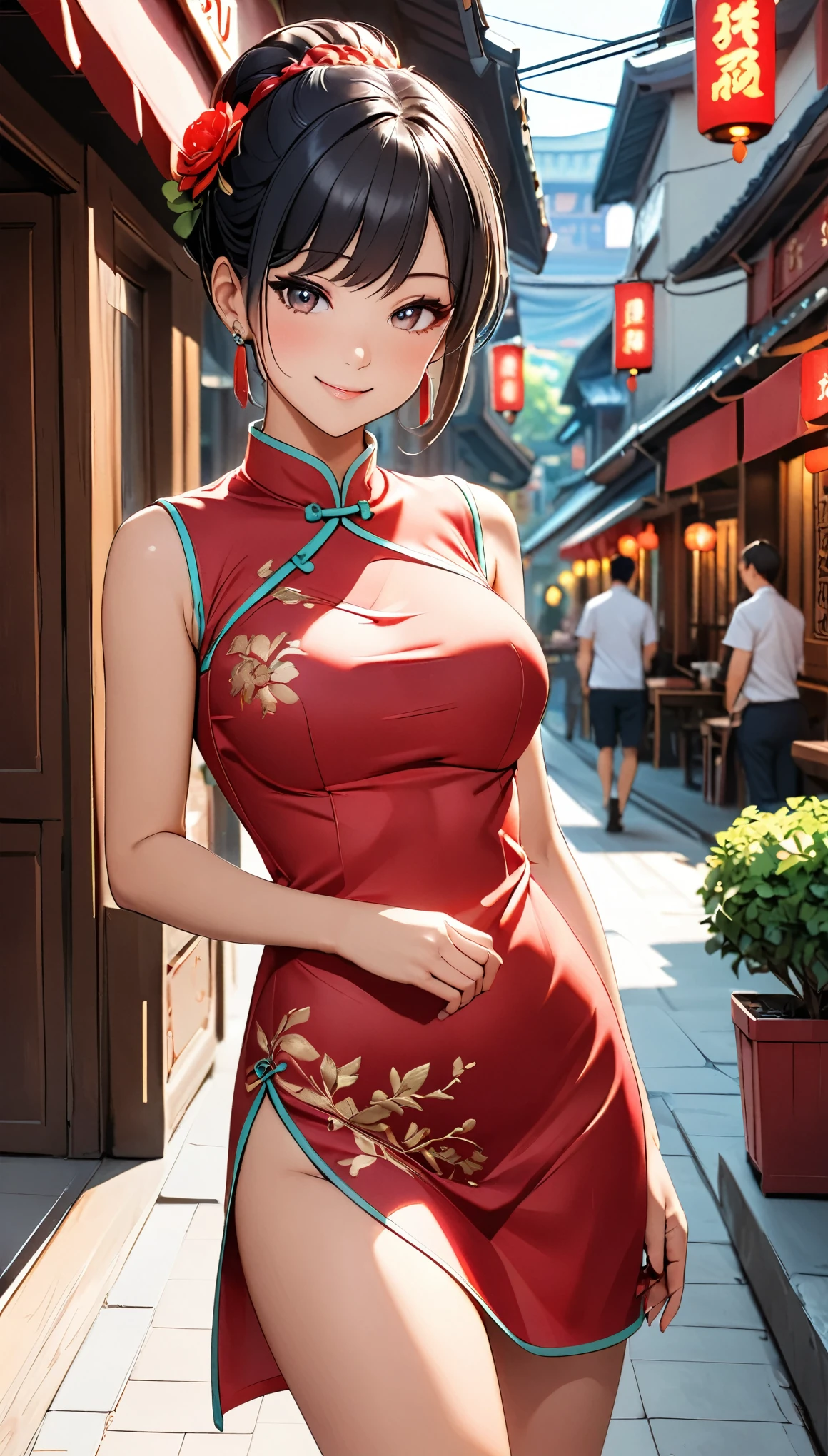 A beautiful woman, city,(standard Red silk cheongsam), (flower chignon), (gold embroidery thread), (slik), outdoor chinese restaurant, light smile, ((black hair)), little blush, side, (breast), Reflecting the buttocks, Draft drawing