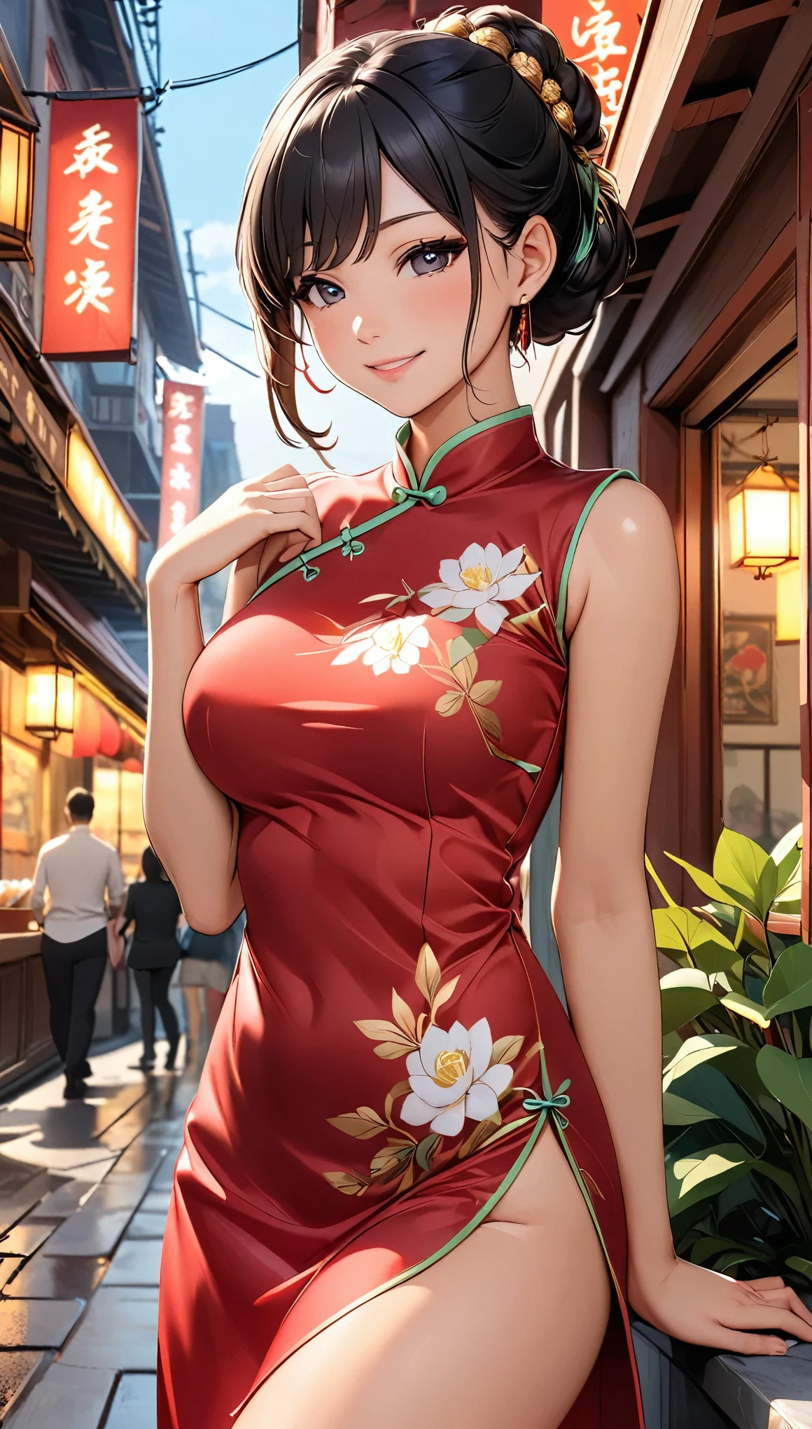 una mujer hermosa, ciudad,(Cheongsam de seda roja estándar), (bollo de flores), (hilo de bordar de oro), (semejante), restaurante chino al aire libre, sonrisa ligera, ((pelo negro)), pequeño sonrojo, side, (mama), Reflejando las nalgas, borrador de dibujo
