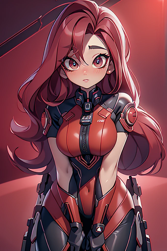 (best quality,4k,8k,highres,masterpiece:1.2), beautiful detailed eyes, beautiful detailed lips, extremely detailed eyes and face, long eyelashes, 1 teen girl, red mech suit, straight red hair, cool sci-fi lighting, space background, vibrant colors, futuristic theme, full body