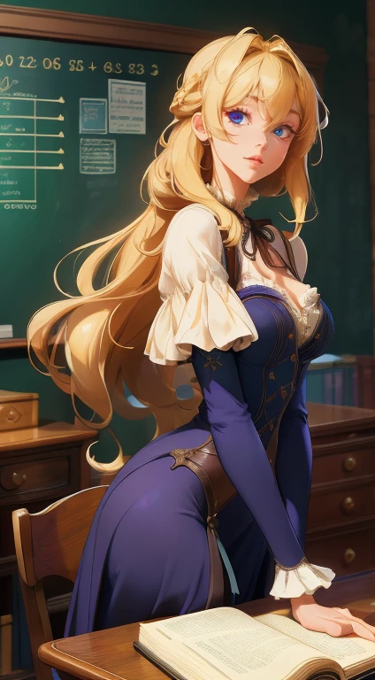 masterpiece, best quality, (Highly detailed CG Unity 8k wallpaper), (best quality), (Best Illustration), (The best shadow), (Stable Diffusion Model), Violet Evergarden, sparkling, fair, Victorian bedroom, Dynamic Lighting, Depth of Field,In a classroom, a Western blonde girl with a vacant gaze, long hair cascading down her shoulders, dressed in a , leans over a desk, surrounded by stacks of books, equations scrawled across the blackboard.