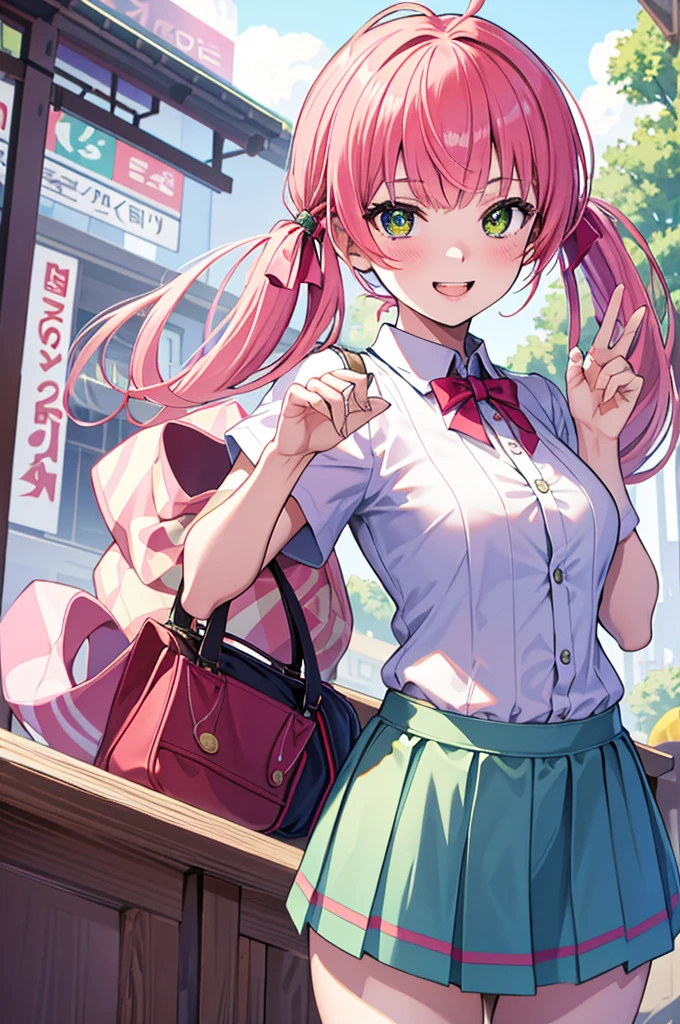 最high quality, Best image quality, masterpiece, whole body, high quality, Beautiful art, One Girl, View your viewers, Dynamic pose, Seductive pose, ((17 years old, Best Bust, Giant bust:1.2)), Detailed teeth, Light green eye rest, Pink Hair, Pink twin tails, thin, Big Valley, smile, Fashionable clothes、White collared shirt,  (Open shirt:1.1), skirt, (Short sleeve shirt:1.1), nature Park