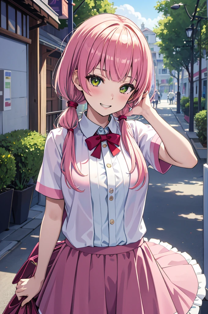 最high quality, Best image quality, masterpiece, whole body, high quality, Beautiful art, One Girl, View your viewers, Dynamic pose, Seductive pose, ((17 years old, Best Bust, Giant bust:1.2)), Detailed teeth, Light green eye rest, Pink Hair, Pink twin tails, thin, Big Valley, smile, Fashionable clothes、White collared shirt,  (Open shirt:1.1), skirt, (Short sleeve shirt:1.1), nature Park