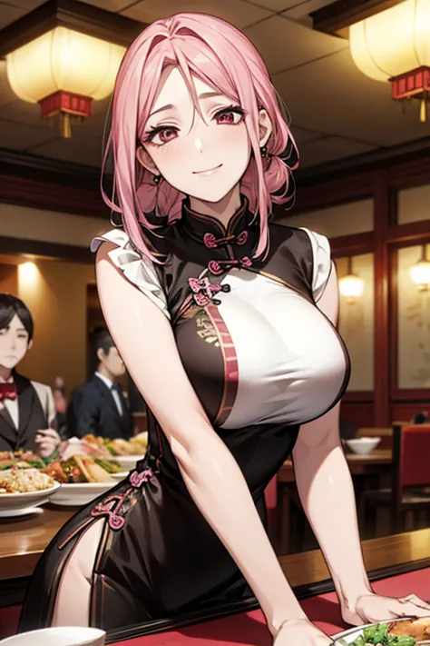 Highest quality,Masterpiece,8K,China dress,Big Breasts,Best Style,Droopy eyes,smile,Pink Hair,Chinese restaurant,waiter