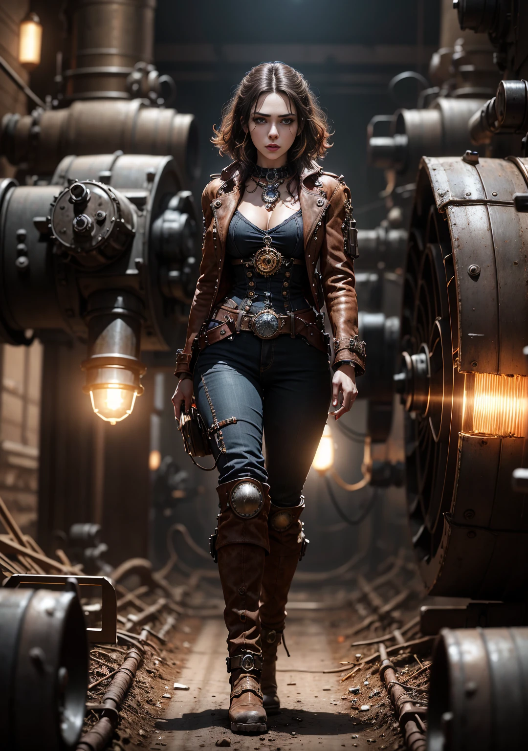 a beautiful steampunk woman, full body shot, in a mine extracting minerals with large steampunk machinery, steampunk, cinematic lighting, highly detailed, 8k, photorealistic, dramatic composition, intricate steampunk design, glowing machinery, rugged and industrial environment, warm color tones, dramatic shadows and highlights, mechanical gears and pipes, goggles, leather clothing, steampunk accessories