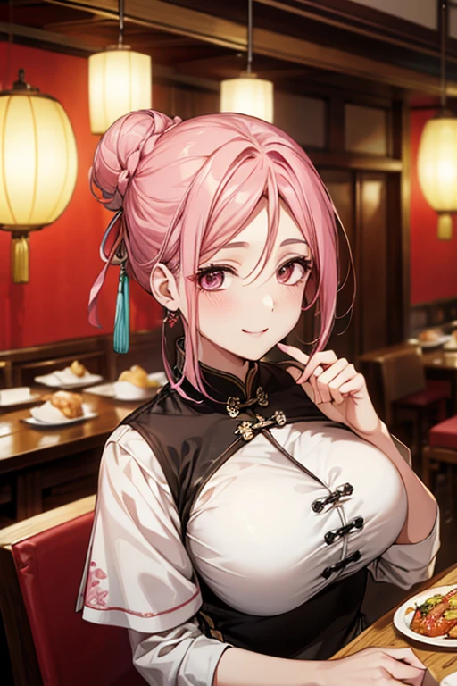 Highest quality,Masterpiece,8K,China dress,Big Breasts,Best Style,Droopy eyes,A sparkling smile,Pink Hair,Hair Bun,Chinese restaurant,waiter,