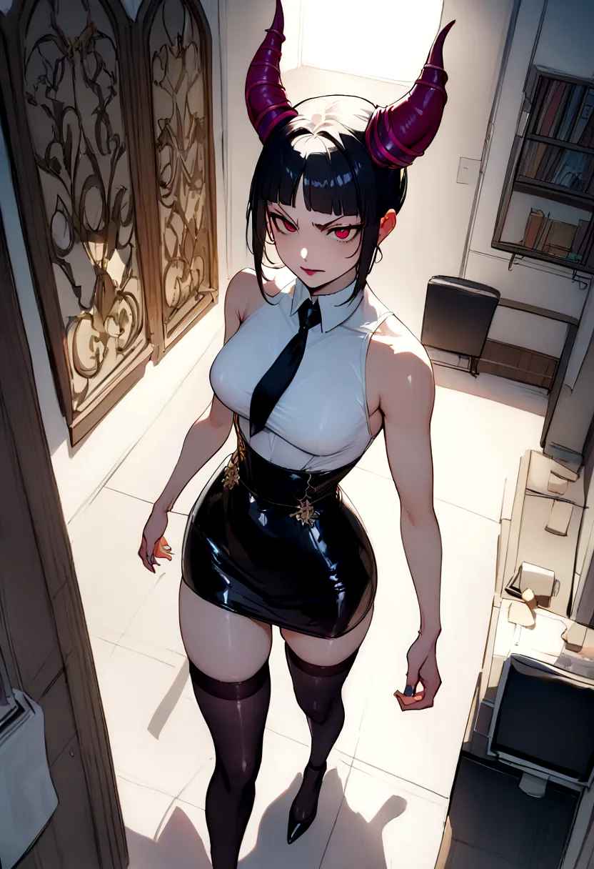 juri han, work of art, tight white secretary shirt with black tie, black high waist skirt, short skirt,stocking, black hair, bla...