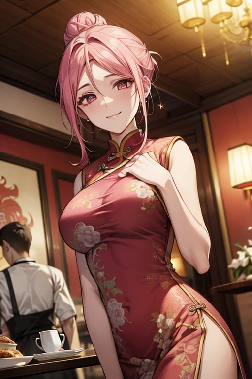 Highest quality,Masterpiece,8K,China Long Dress,Big Breasts,Best Style,Droopy eyes,A sparkling smile,Pink Hair,Hair Bun,Chinese restaurant,waiter,