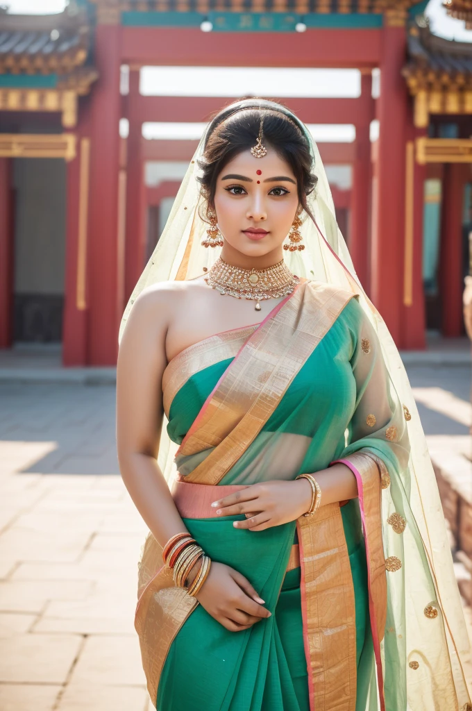 1 Heavenly beautiful and goddess beauty cute and sweet looking face Indian female in front of Baoshao Stone City, China, Heavenly beautiful Overweight, Heavenly beautiful Extremely fat, Heavenly beautiful and attractive Chubby figure , Heavenly beautiful looking and eye catching luxury style tight fitting Indian traditional sarees , reaching out, Heavenly beautiful Arabian woman, 16k, High resolution, masterpiece, highest quality, fine skin, outside view, Realistic Photograph, size 45 and waist size 32, close up face view