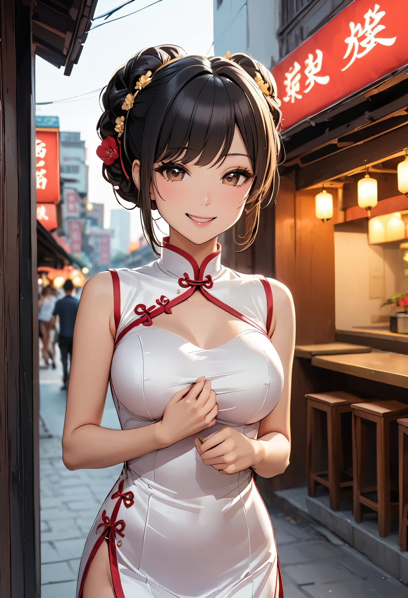 A beautiful woman, city,(standard silk cheongsam), (flower chignon), (gold embroidery thread), (slik), outdoor chinese restaurant, open mouth smile, ((black hair)), little blush, side, (breast), Reflecting the buttocks, greet guests