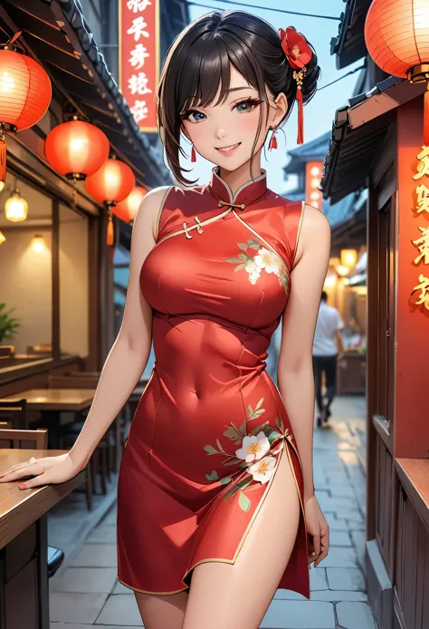 A beautiful woman, city,(standard Red silk cheongsam), (flower chignon), (gold embroidery thread), (slik), outdoor chinese resta...