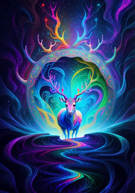 (psychedelic paintings，a deer standing in front of a colorful swirl), ((multiple antlers, stag, big head)), vibrant colors, thic...