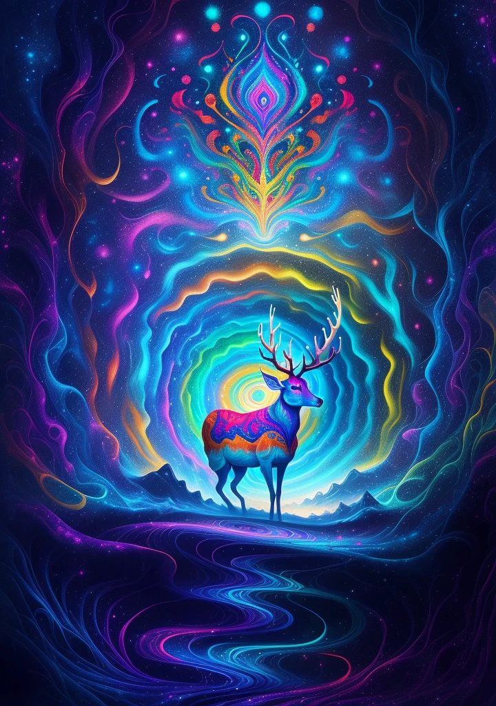 (Psychedelic paintings，A deer standing in front of a colorful swirl), ((Multiple antlers, stag, Big Head)), Vibrant colors, Thick Line, wave, Multi-layer, prospect, view, Fractal Thunder by Dan Mumford , Dan Mumford and Alex Gray style, Psychedelic surrealist art, Surreal psychedelic design, dream art style, illusion Psychedelic Art, infinite psychedelic wave, Inspired by Cyril Rolando Rolando), Realistic corrugated structure, Psychedelic Art style, Psychedelic Art, Psychedelic illustration--V6