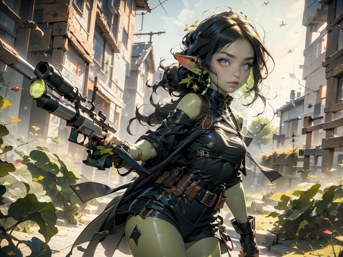 ((best quality)), ((masterpiece)), (detailed), goblin girl, (green skin), shortstack, wearing military gear, holding grenade launcher, manic, pyromaniac, acrion shot, dynamic pose, cinematic still, firing at a target building, explosions, long black hair blowing back, manic expression, crazed expression