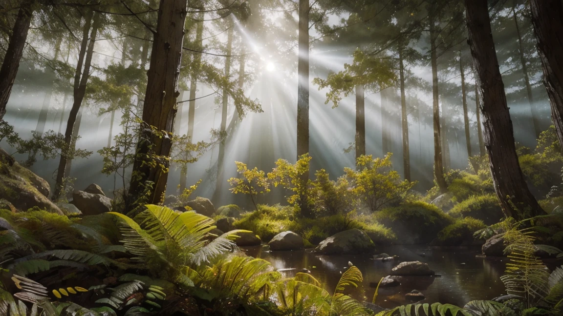 Impressionante paisagem de fantasia de ficção científica repleta de flora. Maravilhoso e cheio de mistérios encantadores. hiperrealista, foco nitído, mídia mista, iluminação dramática, Ultra-detalhado, traçado por raio, premiado, vazamentos de luz, Alto contraste, cores quentes, Classificação por cores, zavy-rmlght, claro-escuro, Fluorescência, artial