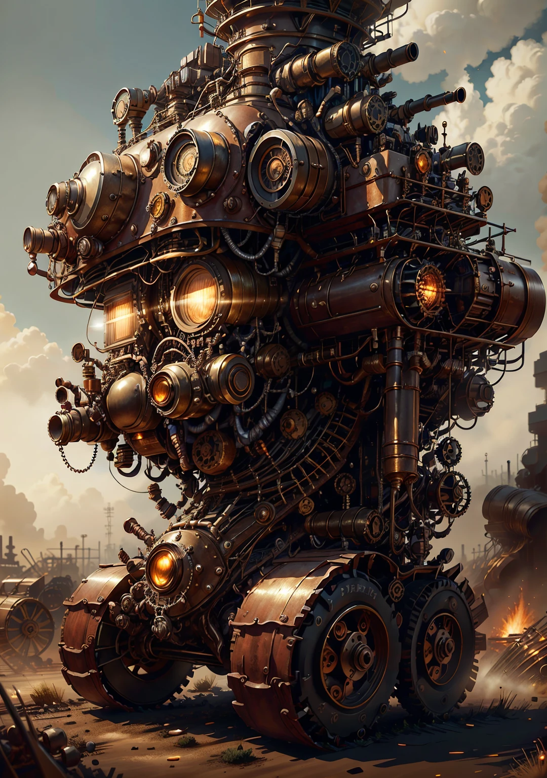 a beautiful steampunk woman, full body shot, in a mine extracting minerals with large steampunk machinery, steampunk, cinematic lighting, highly detailed, 8k, photorealistic, dramatic composition, intricate steampunk design, glowing machinery, rugged and industrial environment, warm color tones, dramatic shadows and highlights, mechanical gears and pipes, goggles, leather clothing, steampunk accessories