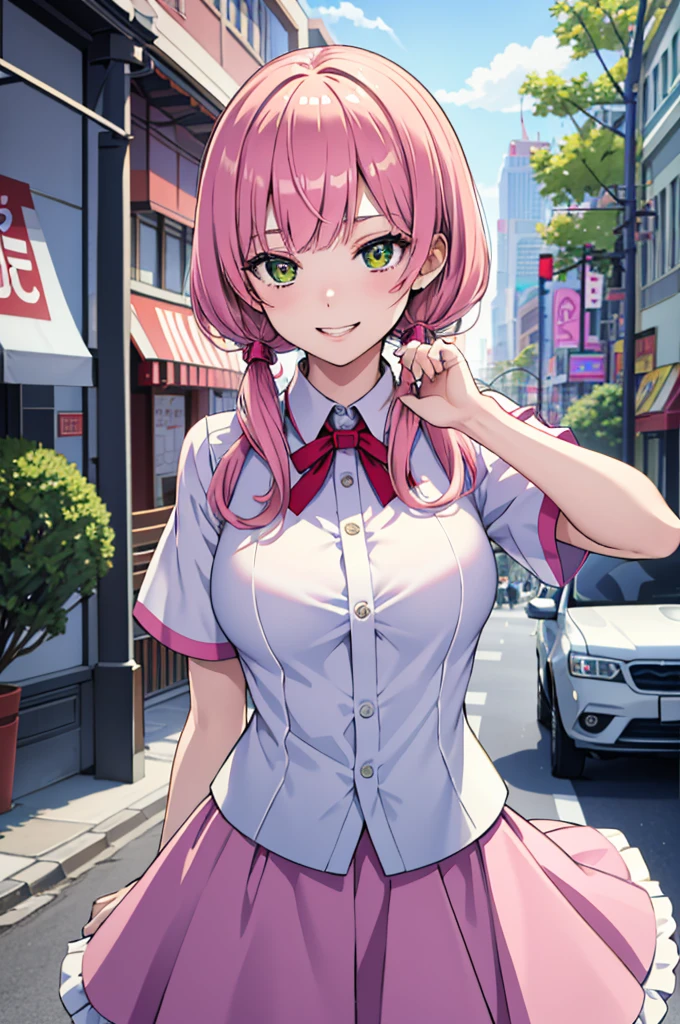 最high quality, Best image quality, masterpiece, whole body, high quality, Beautiful art, One Girl, View your viewers, Dynamic pose, Seductive pose, ((, Best Bust, Giant bust:1.2)),Big Breasts、 Detailed teeth, Light green eye rest, Pink Hair, Pink twin tails, thin, Big Valley, smile, Fashionable clothes、(blouse:1.1)、White collared shirt,   skirt, (Short sleeve shirt:1.1), Shibuya、In town