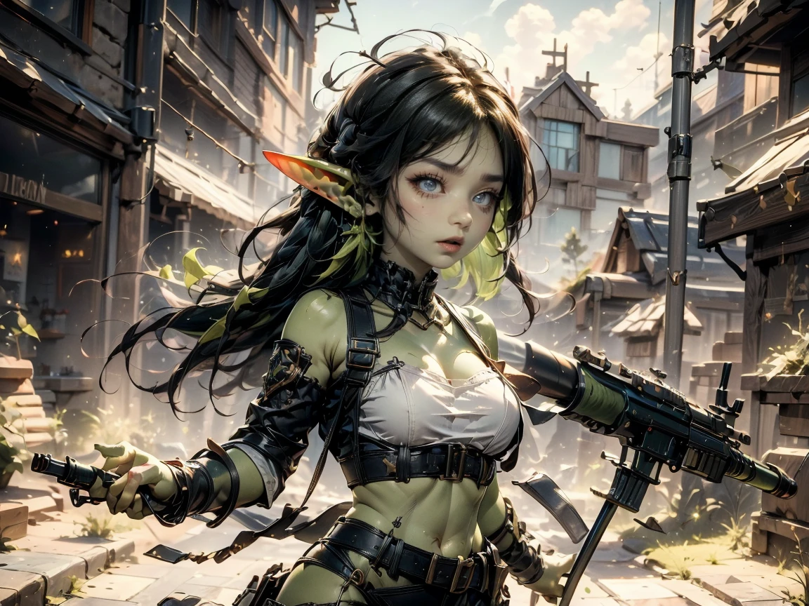 ((best quality)), ((masterpiece)), (detailed), goblin girl, (green skin), shortstack, wearing military gear, holding grenade launcher, manic, pyromaniac, acrion shot, dynamic pose, cinematic still, firing at a target building, explosions, long black hair blowing back, manic expression, crazed expression, wide stance, 