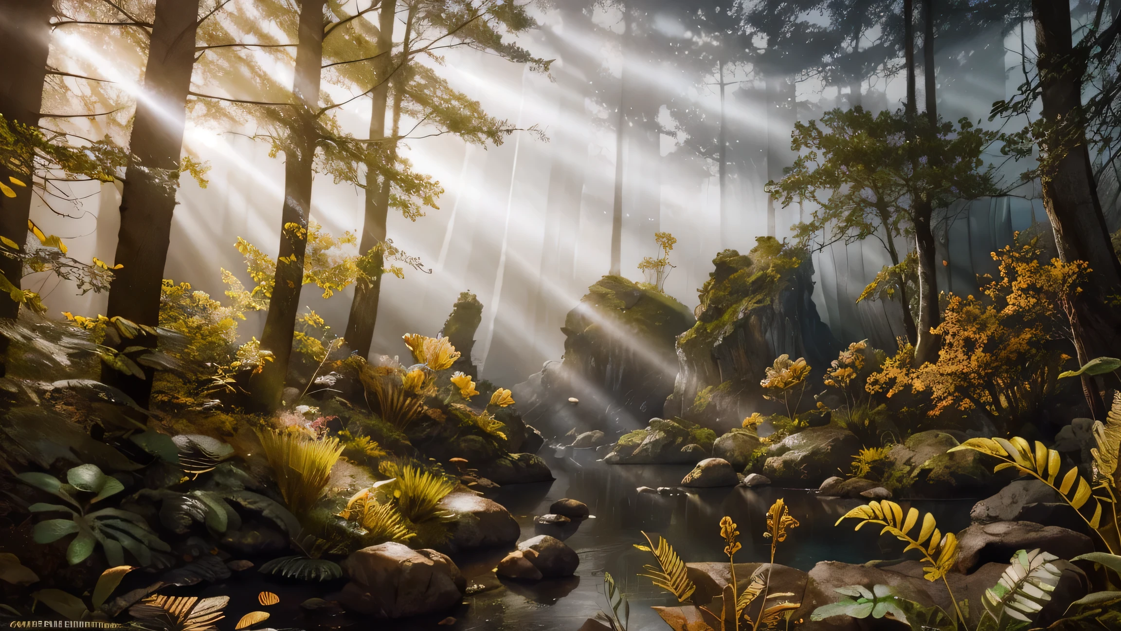 Stunning sci-fi fantasy landscape replete with flora. Wonderous and full of enchanting mysteries. Hyperrealistic, sharp focus, mixed media, dramatic lighting, ultra-detailed, ray-traced, award-winning, light leaks, high contrast, warm colors, color graded, zavy-rmlght, chiaroscuro, fluorescence, artialien