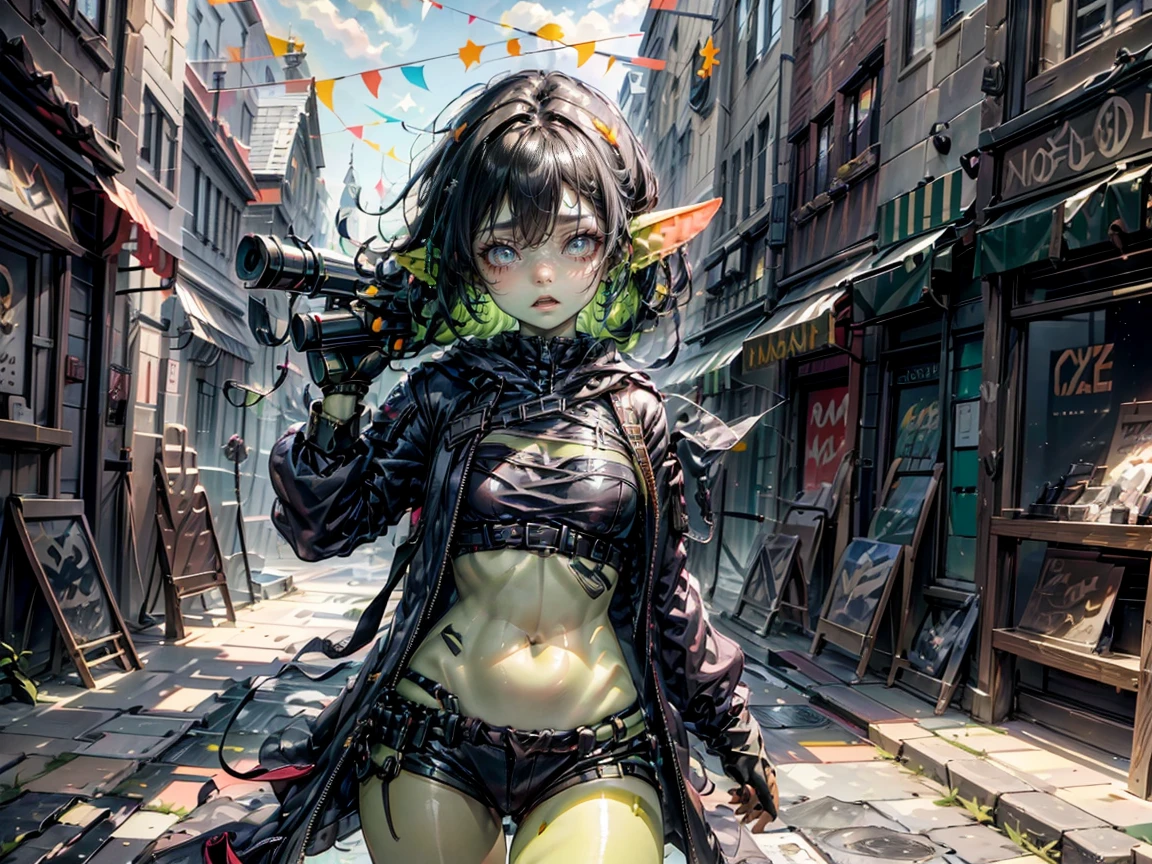 ((best quality)), ((masterpiece)), (detailed), goblin girl, (green skin), shortstack, wearing military gear, holding grenade launcher, manic, pyromaniac, action shot, dynamic pose, cinematic still, firing at a target building, explosions, long black hair blowing back, manic expression, crazed expression, wide stance, crazy, anarchist, gritting teeth, happy, loves causing destruction