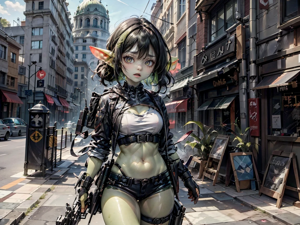 ((best quality)), ((masterpiece)), (detailed), goblin girl, (green skin), shortstack, wearing military gear, holding grenade launcher, manic, pyromaniac, acrion shot, dynamic pose, cinematic still, firing at a target building, explosions, long black hair blowing back, manic expression, crazed expression, wide stance, crazy, anarchist, gritting teeth, happy, loves causing destruction