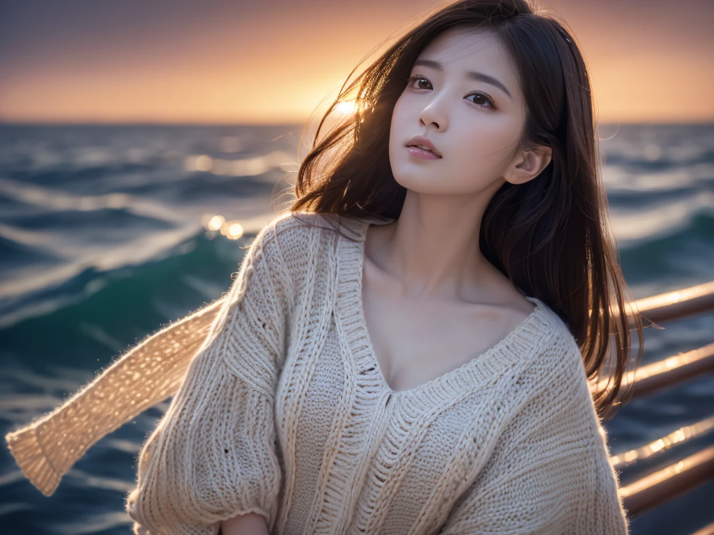 (knit), (Highest quality,masterpiece:1.3, Ultra-high resolution), (Ultra-detailed,Caustics),(Photorealistic:1.4,RAW shooting,)Ultra-Realistic Capture, Very detailed, High resolution 16K for human skin, Lost in Thought, One Woman, Japanese, cute, Black-haired, Mid-length hair,(((background, Sunset sky))), (((background of the sea where the starry sky)))), (((Looking up from behind)))),  (((Gaze at the starry sky in the distance))), Hair blowing in the wind