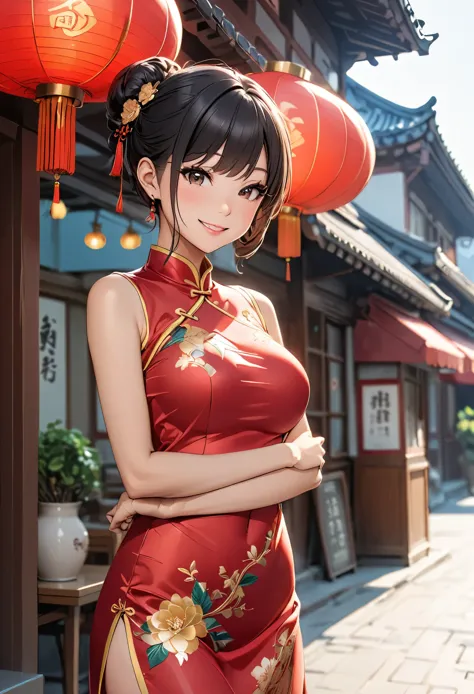 A beautiful woman, city,(standard Red silk cheongsam), (flower chignon), (gold embroidery thread), (slik), outdoor chinese resta...