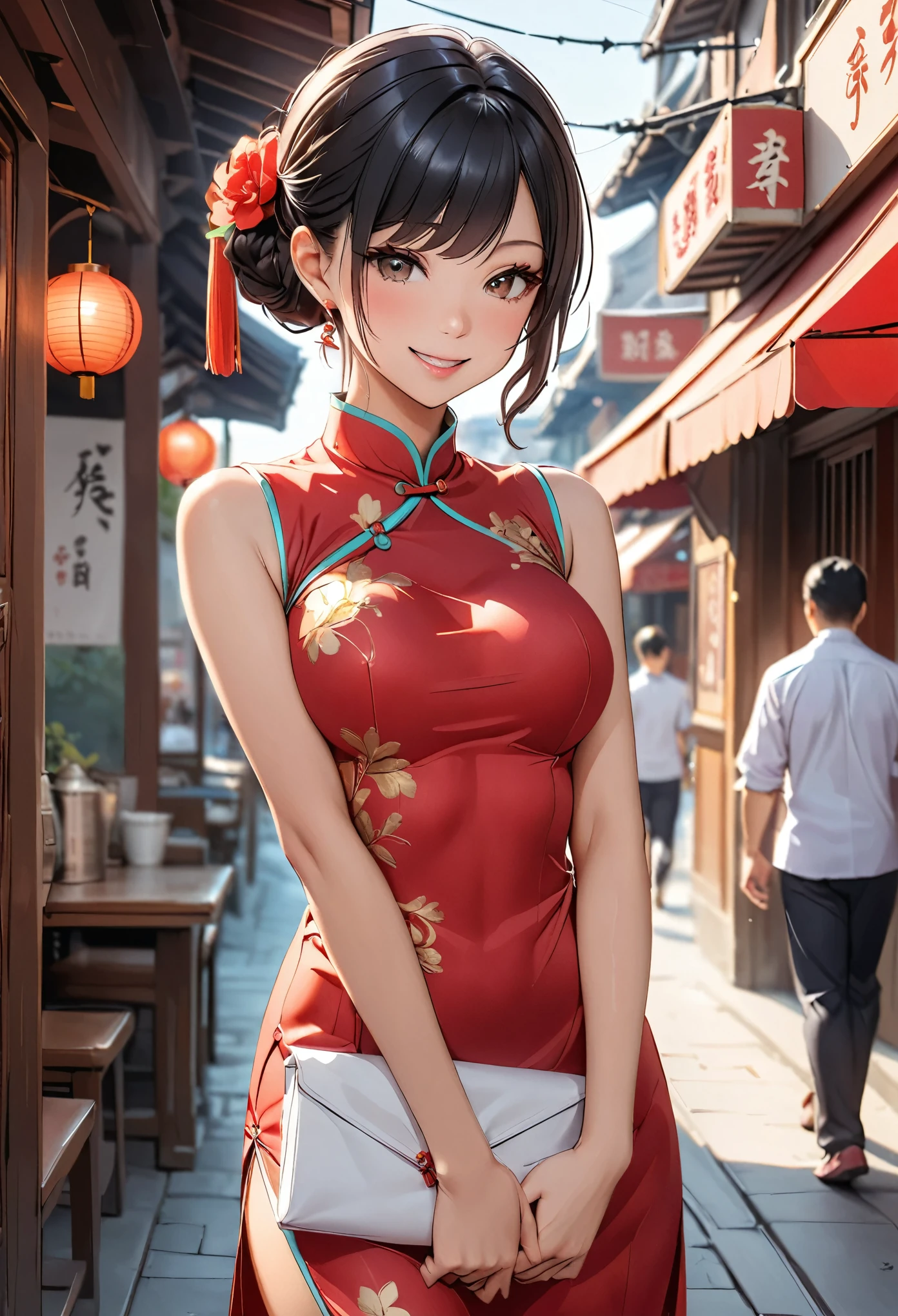 A beautiful woman, city,(standard Red silk cheongsam), (flower chignon), (gold embroidery thread), (slik), outdoor chinese restaurant, open mouth smile, ((black hair)), little blush, side, (breast), Reflecting the buttocks